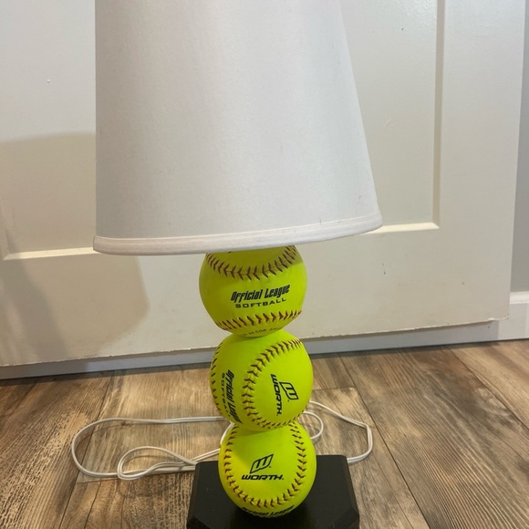 Handmade Softball Lamp Real Softballs Wooden Base White Shade Tested Works - Picture 2 of 5